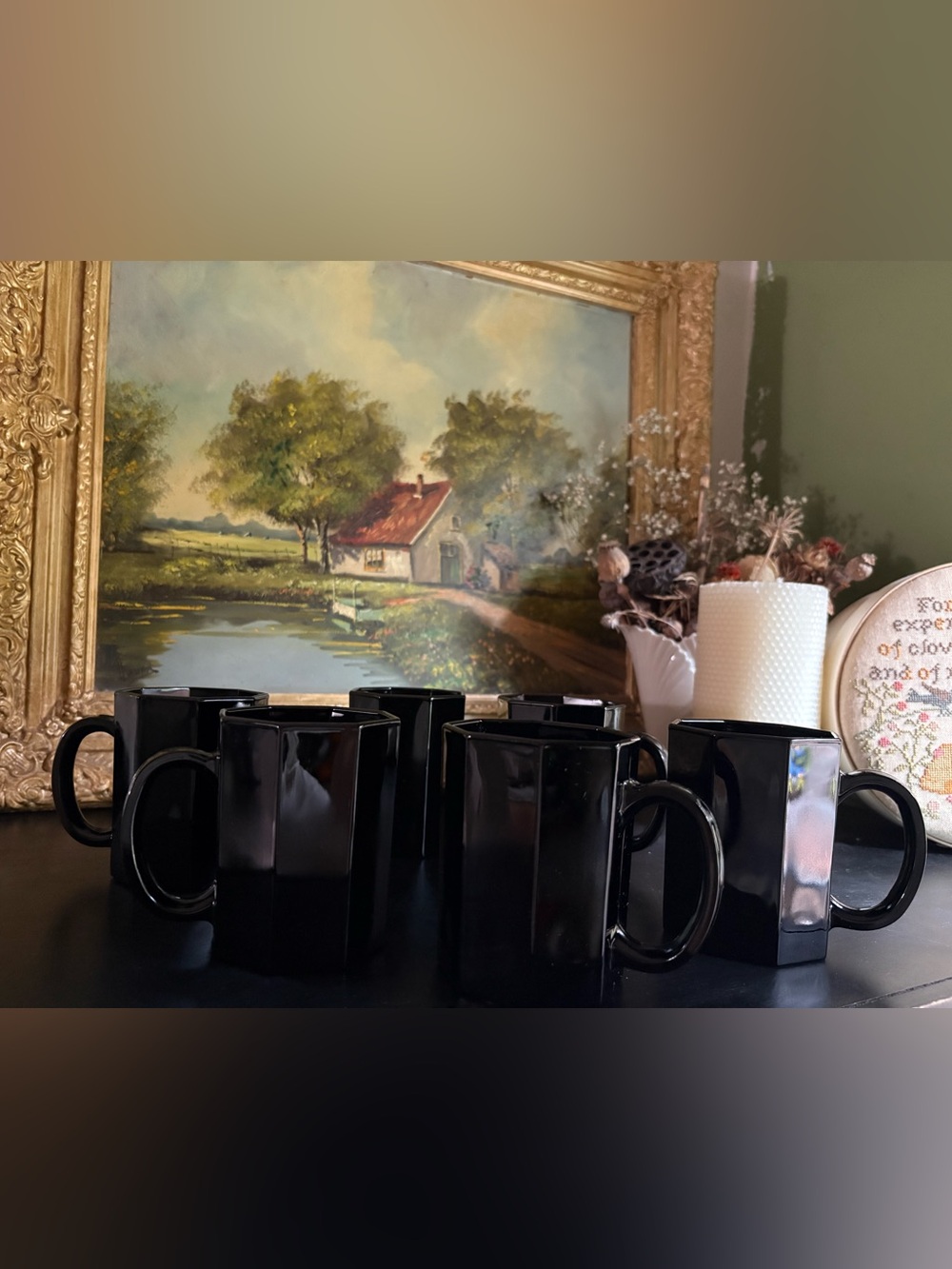 VTG Arcoroc of France “Octime” Black Octagonal Glass Coffee Mug Set of 6,8 fl oz
